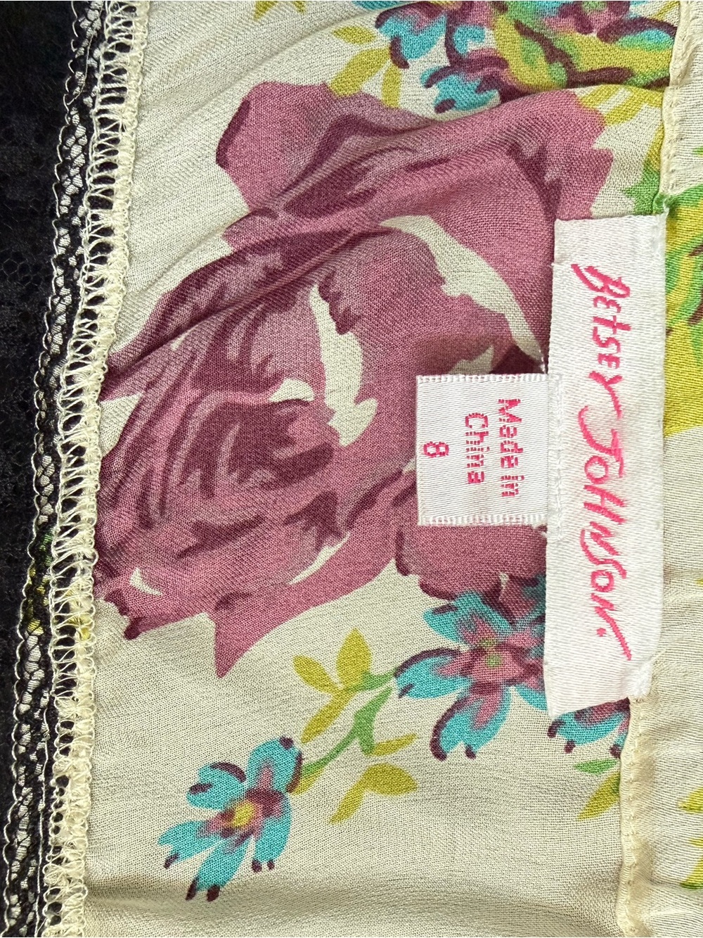 Betsey Johnson Cream Silk Dress with Pink Rose Print and Black Lace Trim - Picture 5 of 5